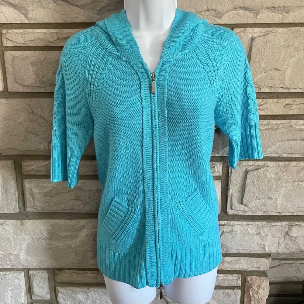 Boston Proper Turquoise Short Sleeve Hooded Zip Front Cardigan Sweater Size XS